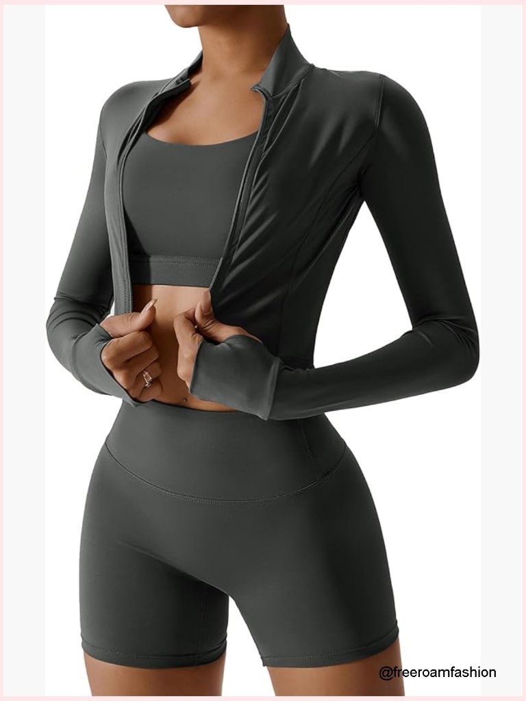 3 Piece Seamless Shorts Crop Top Jacket Yoga Outfit